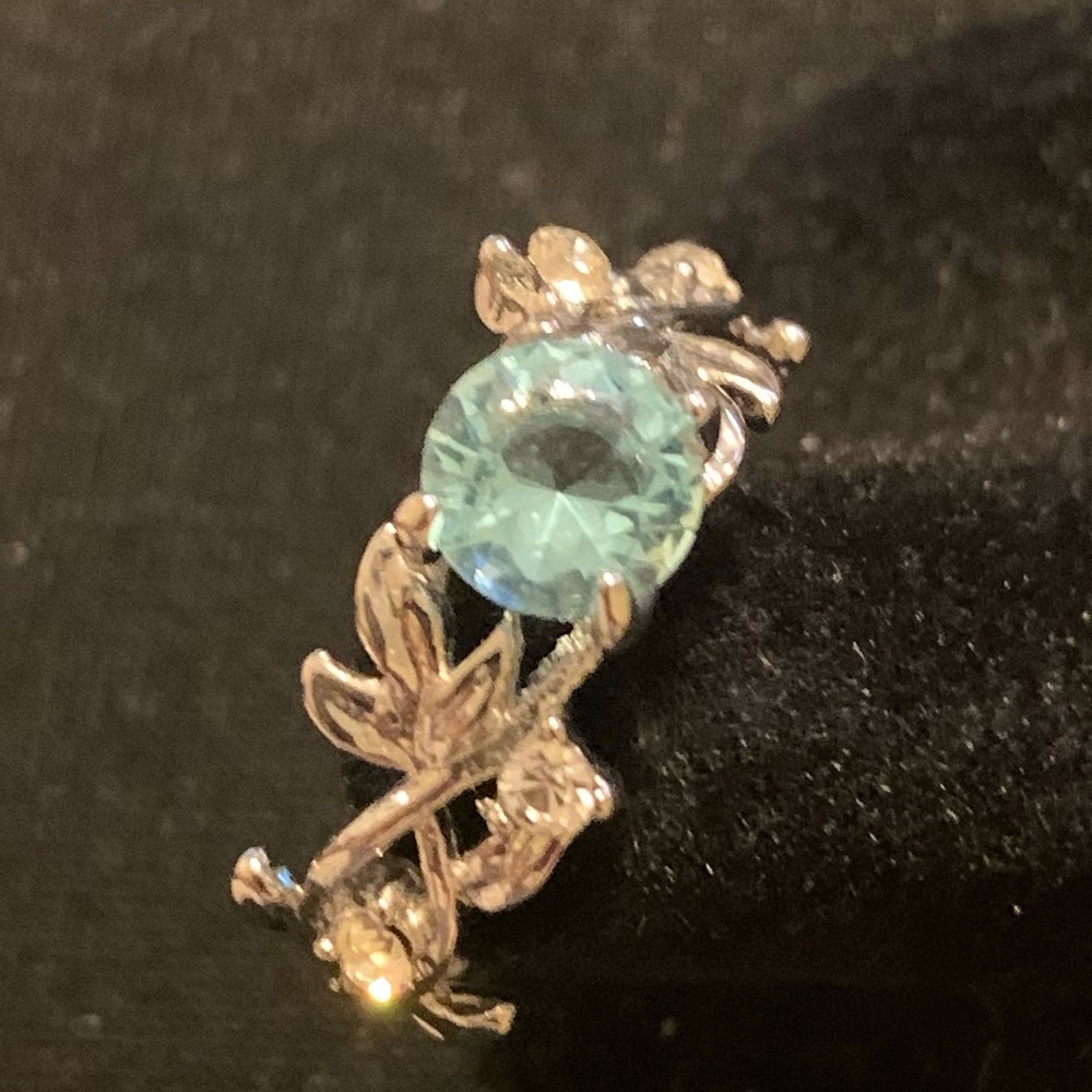 Women’s Ring White Gold Plated Blue Aqua flowery